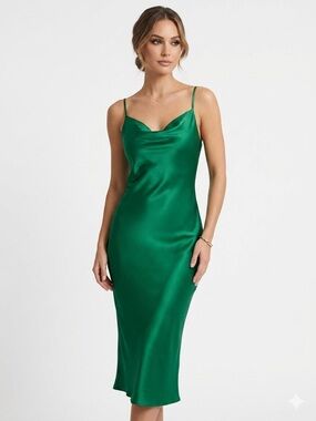Bebe Satin Slip Dress Green Cowl Neck Midi Size M Silky Evening Dress